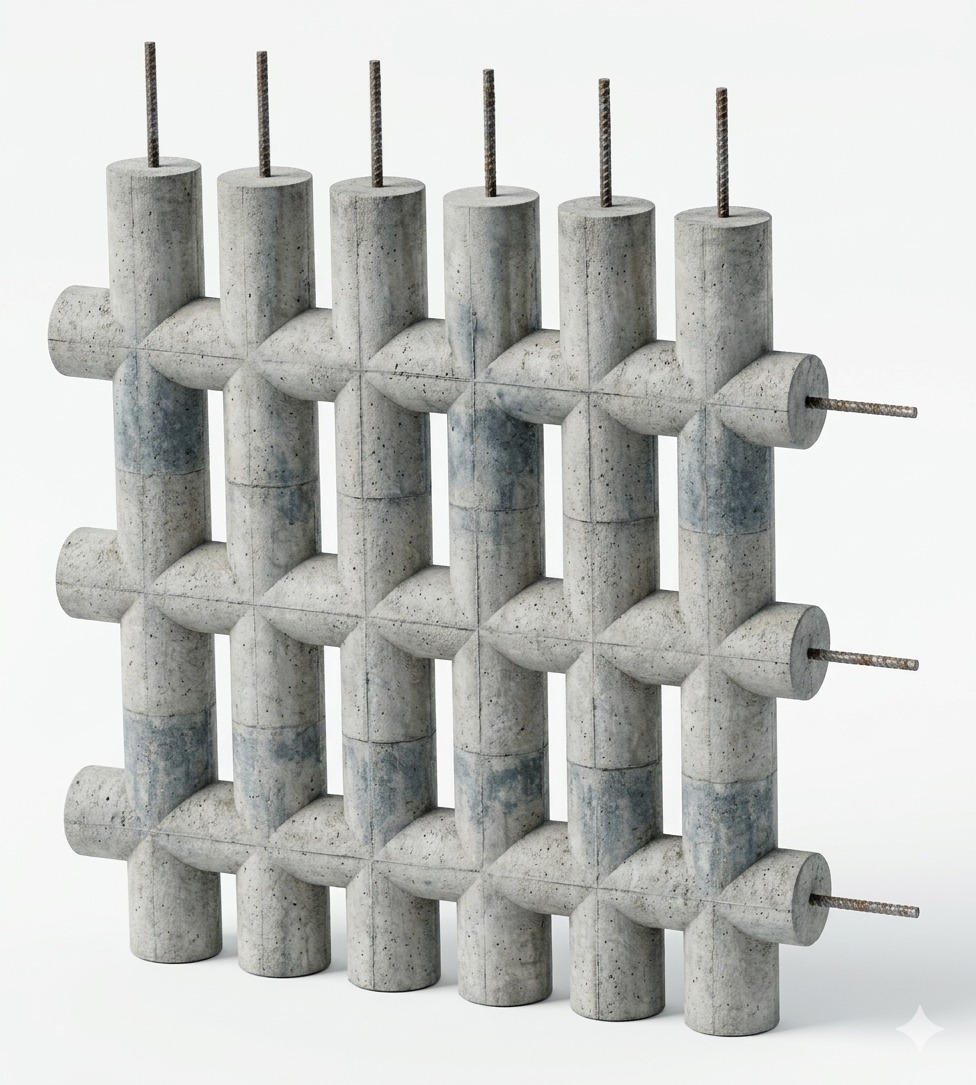 Estructura tipo malla de hormigón armado resultante del sistema Ecobrico, con varillas de acero verticales y horizontales conectadas en una grilla tridimensional